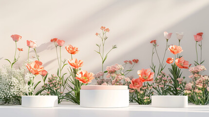 Podium with white flowers for product display. 3D spring table beauty stand with white nature background. Garden floral scene, cosmetic field, gift day theme.