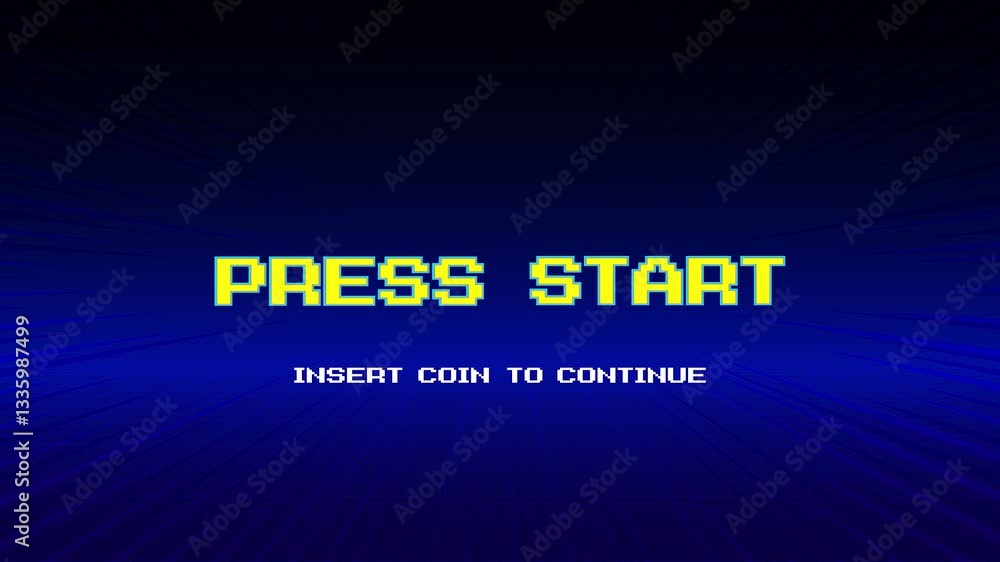 Poster press start insert a coin to continue. pixel art .8 bit game. retro game. for game assets. retro fut