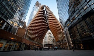 Modern architectural design in urban plaza. A striking, wooden-facade structure, resembling an arch, stands amidst skyscrapers. Pedestrians fill the plaza below