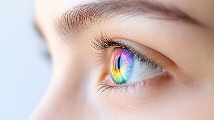 Obraz premium Close-up of an eye, vibrant iris details, expressive gaze, highlights beauty and depth of human emotion, suitable for art or awareness campaigns.
