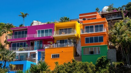 Obraz premium Colorful hillside houses under a bright blue sky.