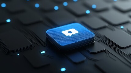 Vibrant blue square button on a sleek black computer keyboard, modern workspace essential