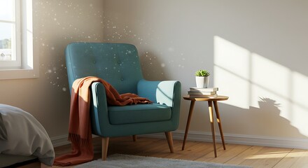 Cozy interior scene with armchair, blanket, and sunlit side table rendering, perfect for home decor inspiration