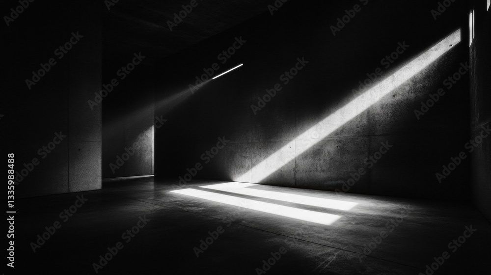 Poster a black and white photograph of a room with a light source shining through a window.