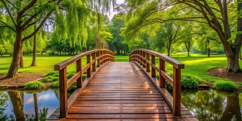 Beautiful Wooden Bridge Over Lush Green Park, outdoor, nature,  outdoor, nature, greenery, idyllic, wood, pathway, trees