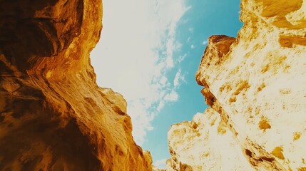 Looking upward towards the sky framed by canyon walls