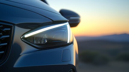 Sleek and powerful, a closeup view of modern car's headlight assembly closeup
