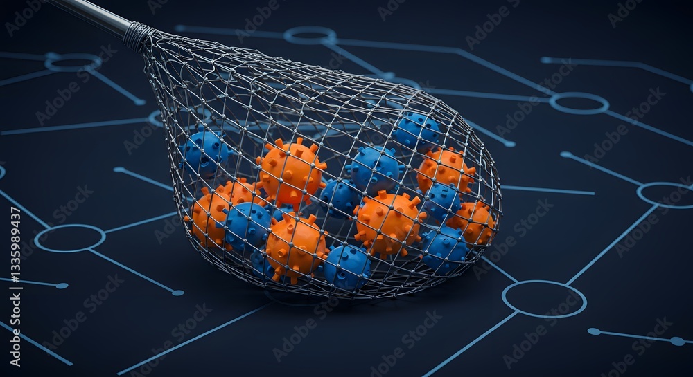 Poster digital net: a high-tech, graphic depiction of a digital net catching colorful viruses, symbolizing 
