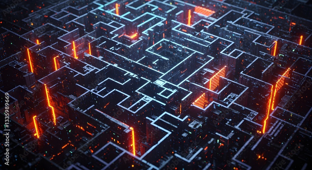 Poster navigating the digital labyrinth: an intricate, glowing maze, awash in neon blues and fiery oranges,