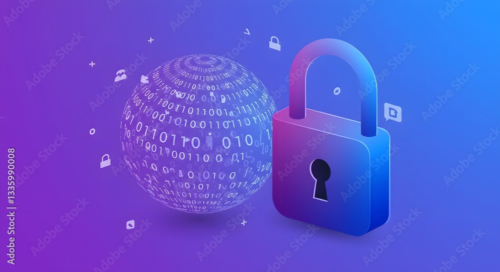 Poster secure sphere: an illustrative depiction of data security, a binary globe alongside a padlock, symbo