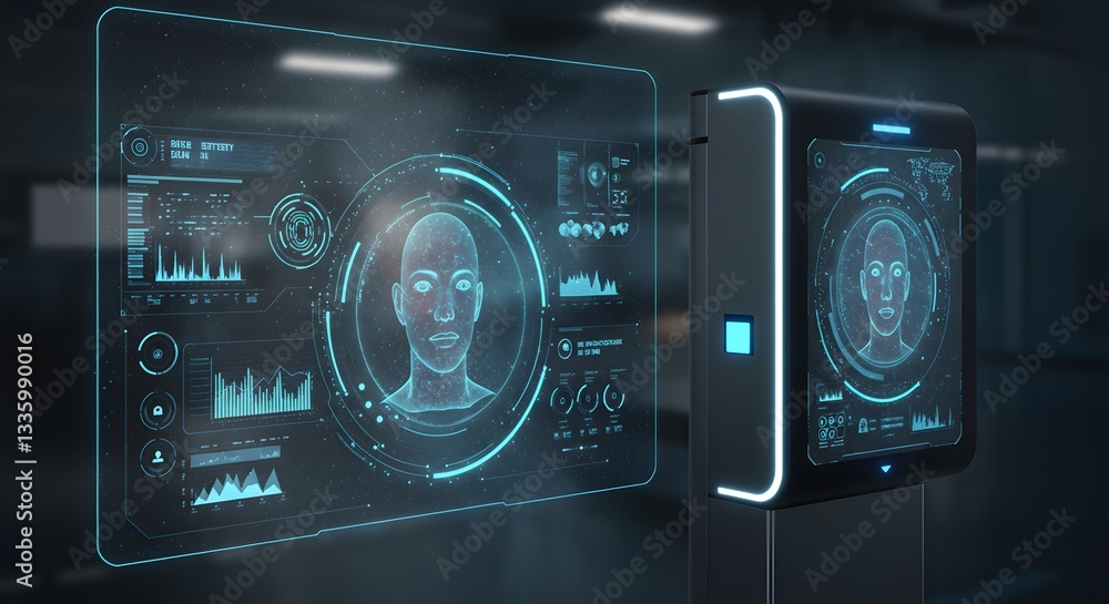 Poster facial recognition technology: a futuristic interface showcases facial recognition technology, highl