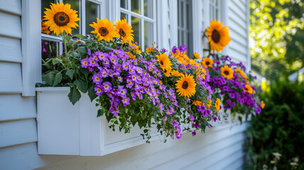 Fototapeta premium A white window box filled with purple, yellow, and orange flowers on the side of an off-white house
