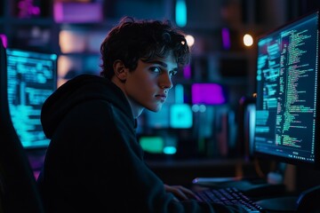 A brown-haired young man, around 25 years old, sits in a dimly lit loft-style office, his gaze fixed on several computer screens displaying various codes, emphasizing his dedication and immersion in h