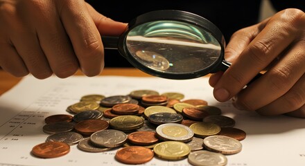 Magnifying Financial Insight: A pair of hands intently examines a collection of coins using a magnifying glass, symbolizing scrutiny and the pursuit of financial clarity.