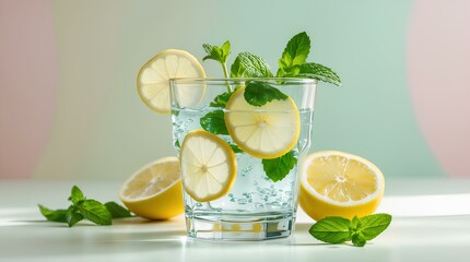 "Drinking Diet" - a transparent glass with clean water and lemon slices, decorated with fresh mint. The water shimmers in the light, creating an effect of purity and freshness. The background is minim