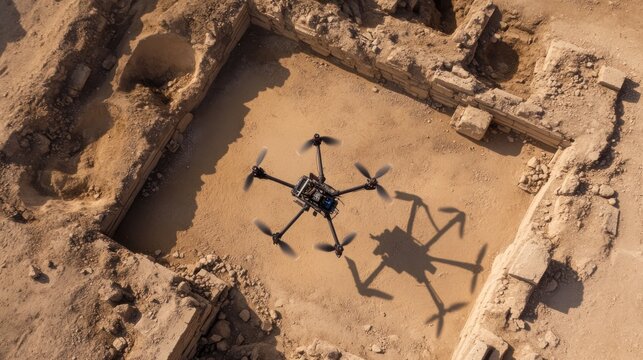 Drone surveying ancient ruins excavation site.