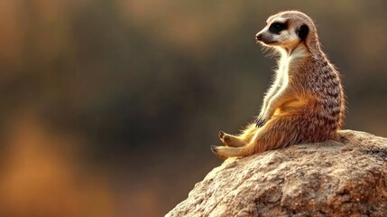 Fototapeta premium Meerkat perched on rock, savanna background, wildlife observation, nature photography