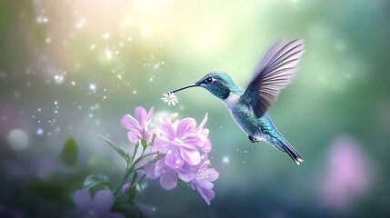 Fototapeta premium Hummingbird's Grace: A Serene Encounter in a Dreamlike Garden