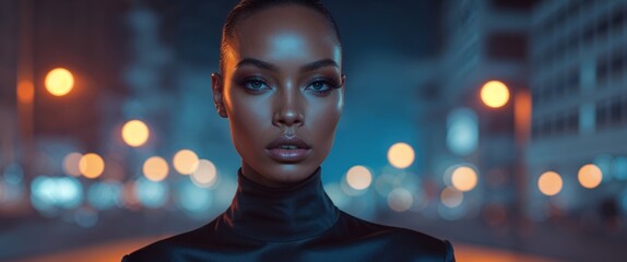 Fashion model posing in urban night with soft orange lights.