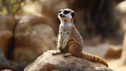 Fototapeta premium Meerkat perched on rock, desert background, wildlife