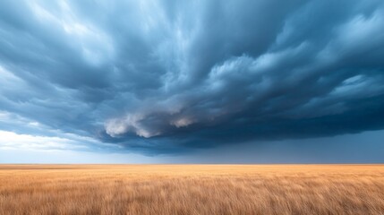 Obraz premium Dramatic sky over golden field, sweeping clouds contrasting with warm tones, evokes a sense of tranquility and nature's beauty.