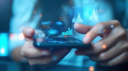 Customer accessing digital banking with holographic financial charts display