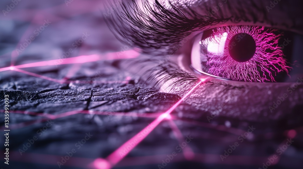 Poster biometric eye scan futuristic security system scanning a person retina, with glowing lasers and digi