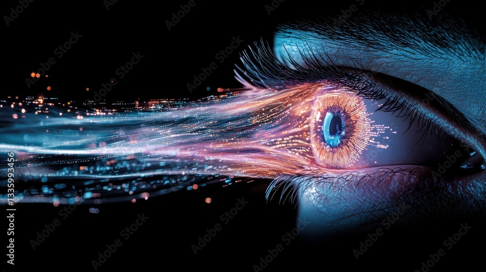 Poster eye data visualization streams of data, code, and holographic images emanating from a human eye, rep