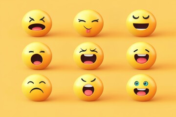 Fototapeta premium Yellow smiling emoji faces displaying various emotional expressions on a plane