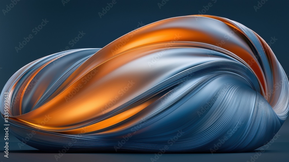 Poster abstract art: a 3d rendering of a swirling, organic shape composed of metallic lines and glowing ora