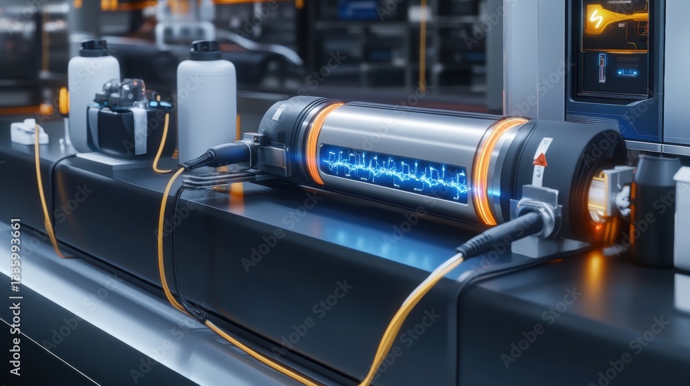 Poster futuristic power storage device with blue lightning effect in lab