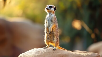 Fototapeta premium Alert meerkat on rock in sunlight