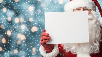 Joyful Santa holding a blank sign, cheerful festive atmosphere with sparkling lights, perfect for holiday greetings.