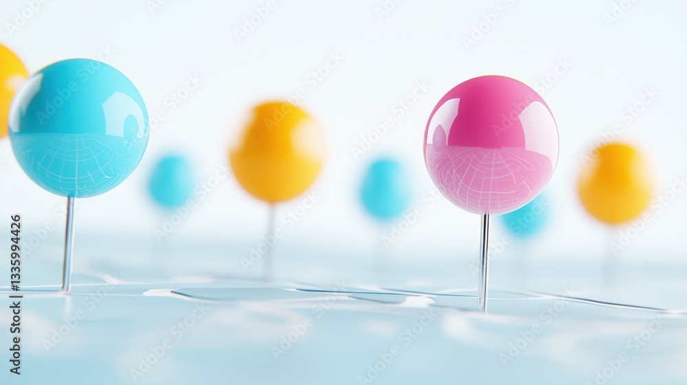 Poster 3d map pin group of 3d map pins of different sizes and colors, representing various categories or le