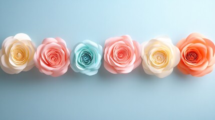 Colorful paper roses arranged in a row, delicate pastel shades, ideal for DIY crafts, wedding decorations or gift embellishments.