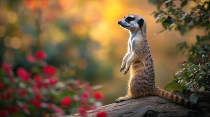 Fototapeta premium Meerkat standing on log in sunset garden; wildlife photography
