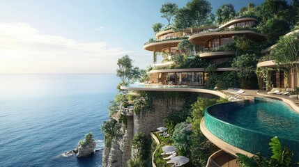 Fototapeta premium Luxurious cliffside villa with infinity pools and ocean view.