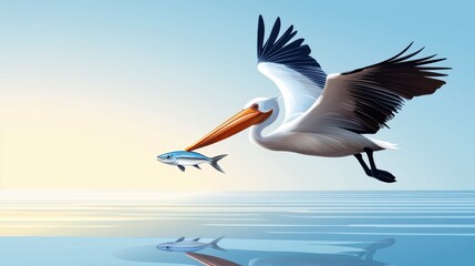 Pixel Art Pelican Catching Fish During Sunrise Over Calm Ocean
