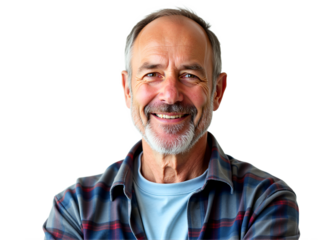 Smiling mature man portrait with friendly expression, detailed skin texture, and plaid shirt on white background. Ideal for lifestyle, healthcare, or business themes.