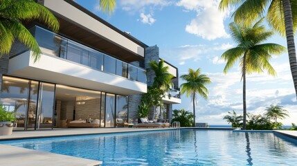 Fototapeta premium Modern luxury villa with pool and palm trees by the ocean