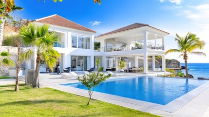 Fototapeta premium Modern luxury villa with pool and ocean view in sunny location