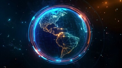 Digital holographic Earth with neon outlines, glowing energy field, futuristic tech-inspired deep space setting.