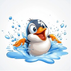 Playful Cartoon Penguin Splashing in Water