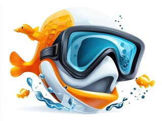 Playful Orange and White Diving Mask with Goldfish Illustration