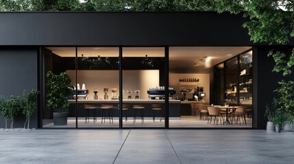 Modern cafe exterior at night, trees, serene ambiance, ideal for a stock photo