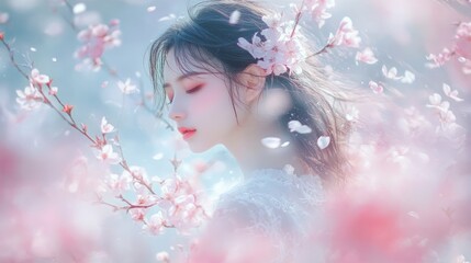 A young woman is surrounded by blooming cherry blossoms