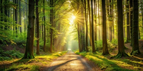 Fototapeta premium Forest Pathway Lit by Sunlight Filtering Through Trees, scenery, woods, scenery, woods, natural