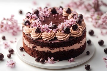Delicious Chocolate Cake with Pink Flowers and Chocolate Balls, Bakery Dessert