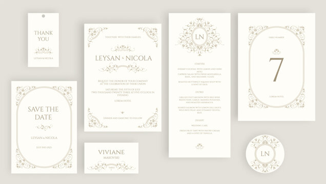 Elegant wedding set of cards in classic style. Place cards, wedding invitation, table number, save the date, thank you card, menu, sticker.