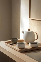 Japandi kitchen with neutral tones and minimalist accessories.